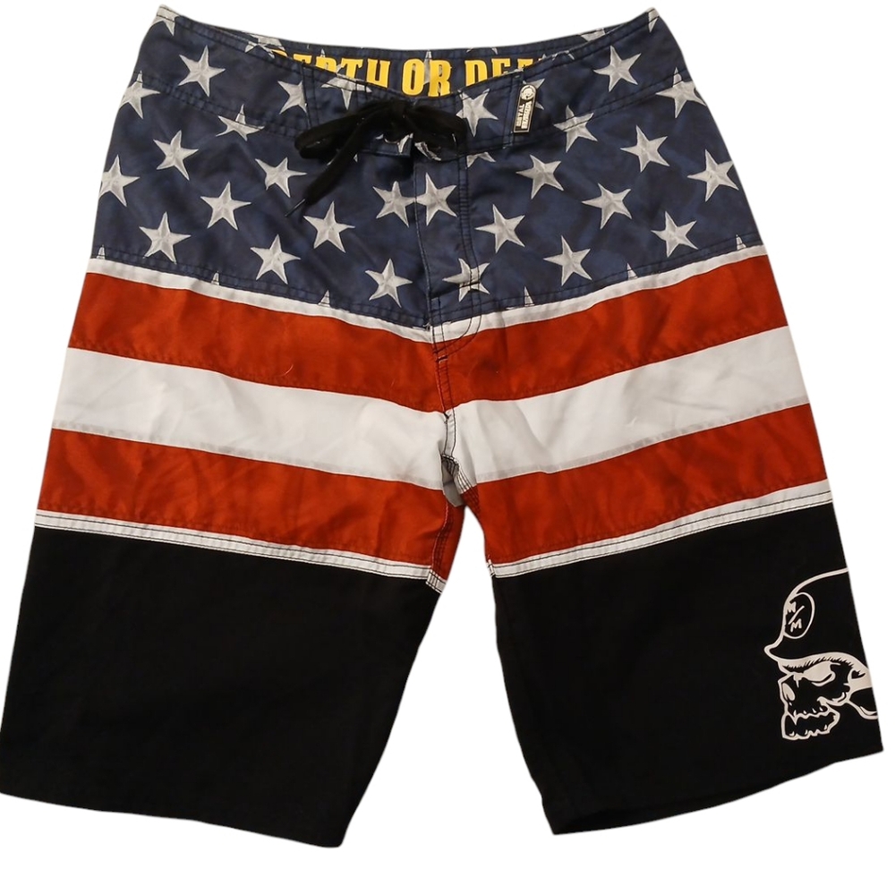 Y2K Metal Mulisha Skull Baggy Boardshorts Size 30 Flag Stars Swim Trunks Surf